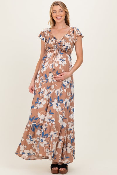 PinkBlush Mocha Floral Cinched Smocked Maternity Maxi Dress