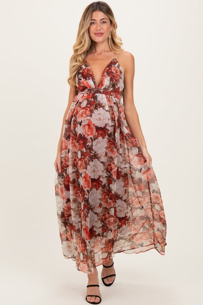 PinkBlush Burgundy Floral Deep V-Neck Open Back Maternity Maxi Dress
