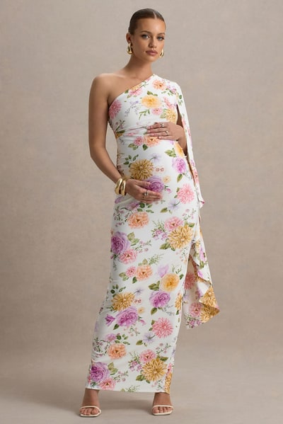 Club L London Aliana | Peach And Lilac Floral Print Asymmetric Maternity Maxi Dress With Ruched Detailing