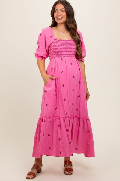 PinkBlush Pink Gauze Smocked Embroidered Square Neck Maternity Midi Dress