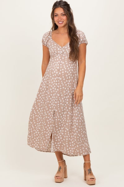 PinkBlush Beige Floral V-Neck Button Detail Maternity Midi Dress