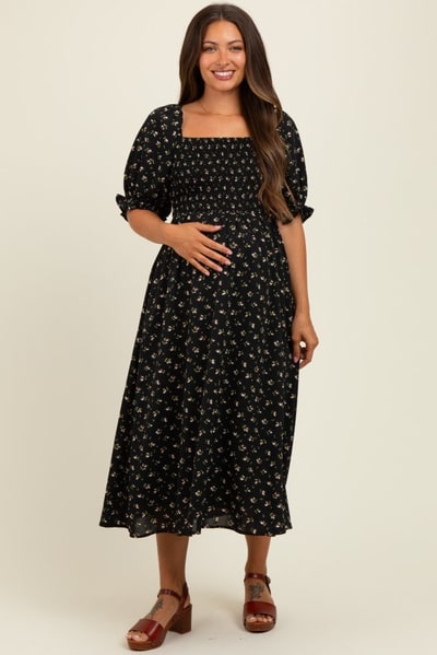 PinkBlush Black Floral Smocked Puff Sleeve Maternity Midi Dress