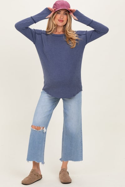 PinkBlush Blue High Rise Uneven Raw Hem Crop Wide Maternity Jeans