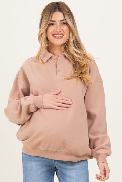 PinkBlush Camel Oversized Polo Maternity Pullover