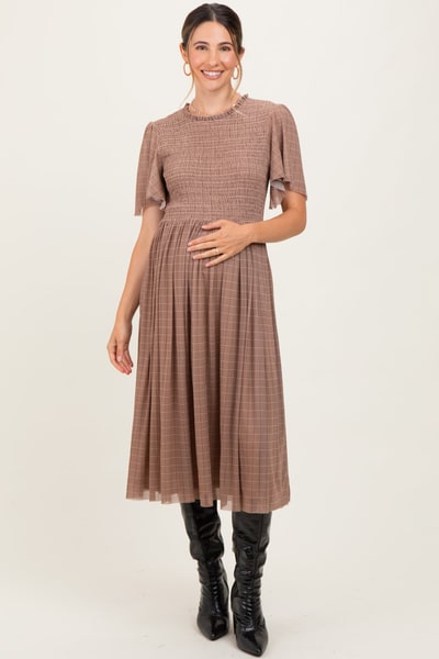 PinkBlush Beige Plaid Smocked Mesh Maternity Midi Dress
