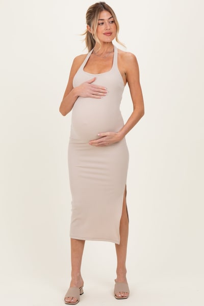 PinkBlush Beige Open Back Maternity Bodycon Dress