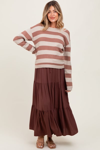 PinkBlush Brown Drawstring Tiered Maternity Maxi Skirt