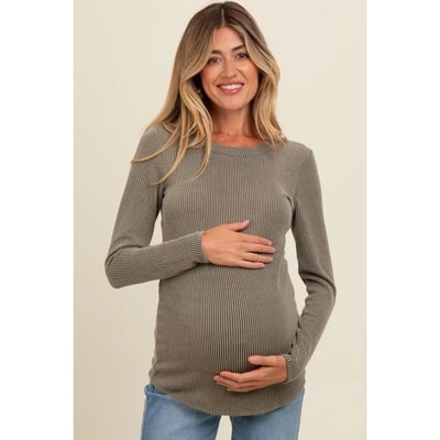 Target Pinkblush Olive Ribbed Scoop Neck Long Sleeve Maternity Top Small
