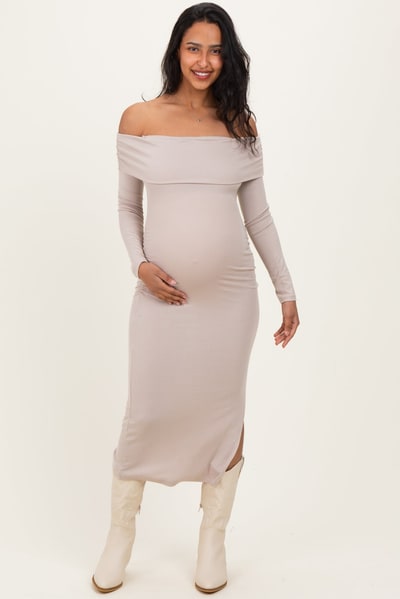 PinkBlush Beige Off Shoulder Ruched Side Slit Maternity Midi Dress