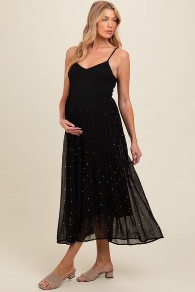 PinkBlush Black Polka Dot Pleated Mesh Overlay Maternity Maxi Dress