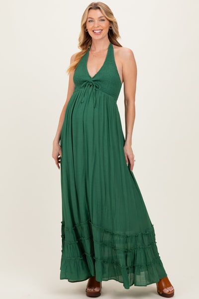 PinkBlush Hunter Green Halter Neck Smocked Maternity Maxi Dress