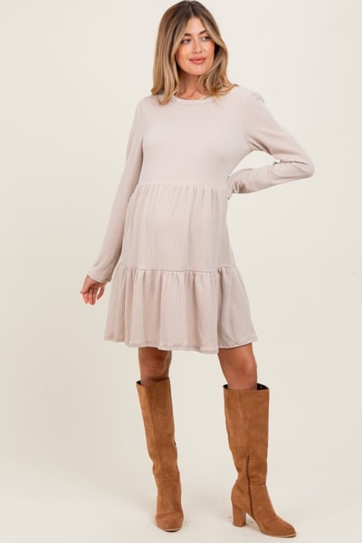 PinkBlush Beige Textured Rib Tiered Long Sleeve Maternity Dress