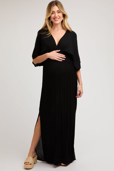 PinkBlush Black Lightweight Deep V-Neck Maternity Maxi Dress