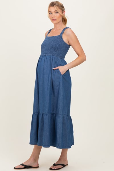 PinkBlush Denim Chambray Smocked Sleeveless Maternity Midi Dress