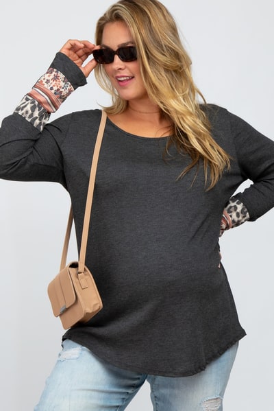 PinkBlush Charcoal Colorblock Sleeve Maternity Plus Top