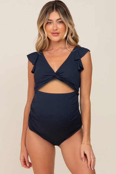 PinkBlush Navy Blue Ribbed Cutout Flutter One Piece Maternity Swimsuit