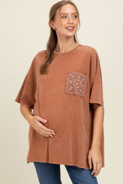 PinkBlush Brown Mineral Wash Crochet Pocket Maternity Top