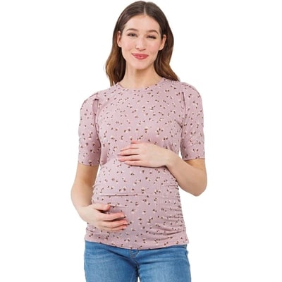 Target Hello Miz Women's Ribbed Puff Sleeve Side Ruched Maternity Top - Mauve Floral - X Large