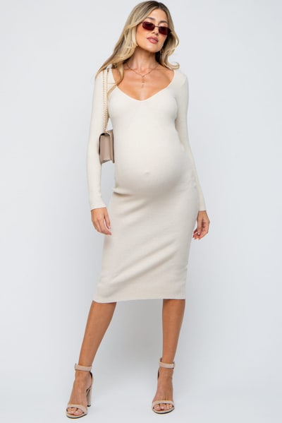 PinkBlush Cream Ribbed Long Sleeve Maternity Midi Dress