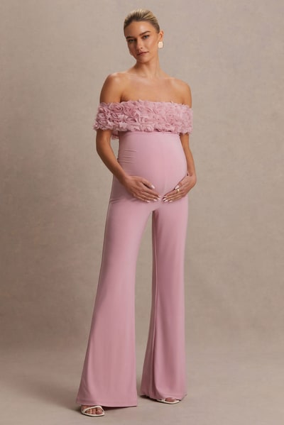 Club L London Sallow | Pink Floral Bardot Maternity Jumpsuit