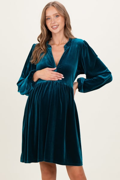 PinkBlush Deep Teal Velvet Button Up V-Neck Maternity Dress