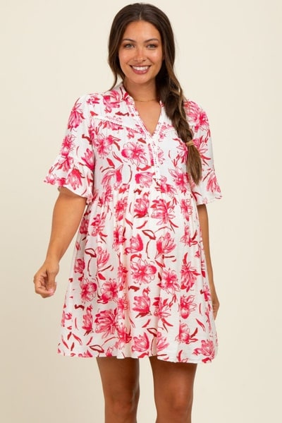PinkBlush Red Floral V-Neck Crochet Trim Maternity Dress