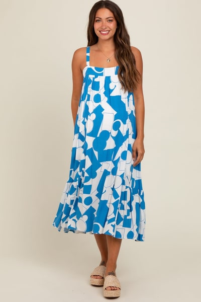 PinkBlush Blue Geometric Print Maternity Midi Dress