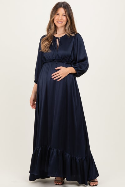 PinkBlush Navy Solid Satin Long Sleeve Open V-Neck Ruffle Waist Tiered Maternity Maxi Dress