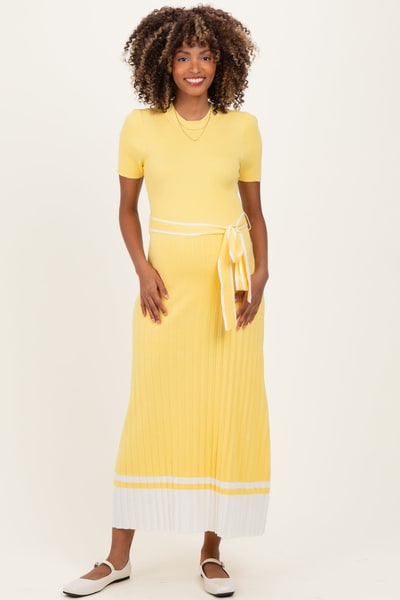 PinkBlush Yellow Knit Pleated Sash Tie Maternity Midi Dress