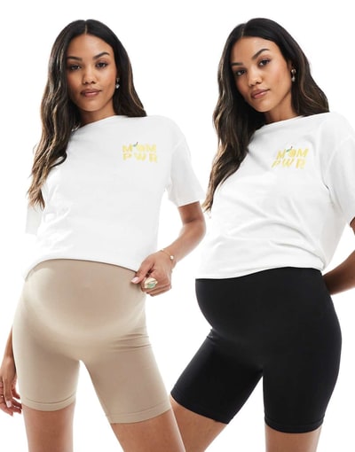 ASOS Mamalicious Maternity 2 pack over the bump support shorts in black and beige