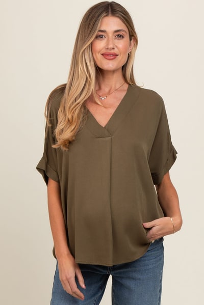 PinkBlush Olive V-Neck Pin-Tuck Detail Maternity Top