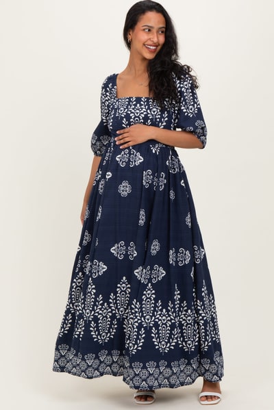 PinkBlush Navy Damask Print Short Sleeve Maternity Maxi Dress