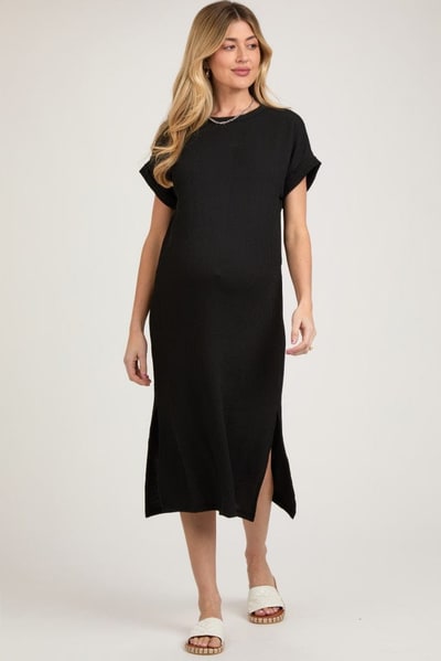 PinkBlush Black Ribbed Short Sleeve Maternity Midi Dress