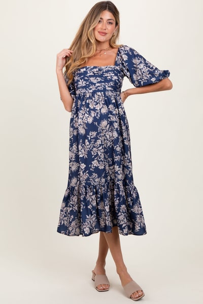 PinkBlush Light Navy Floral Pleated Bodice Maternity Midi Dress
