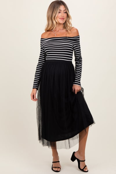 PinkBlush Black Striped Off Shoulder Contrast Knit Mesh Maternity Maxi Dress