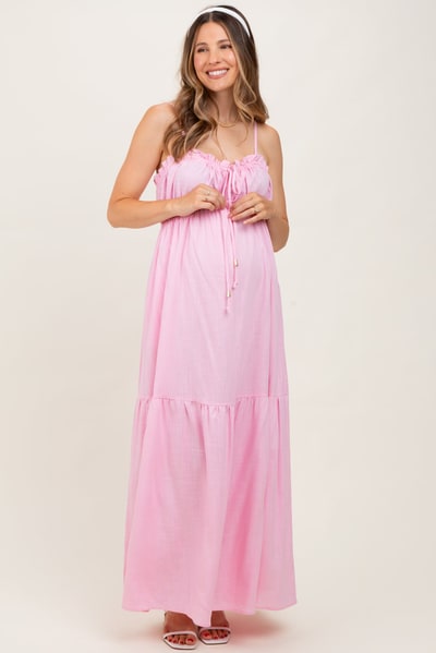 PinkBlush Light Pink Gathered Front Tie Maternity Maxi Dress