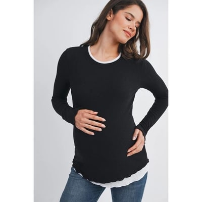 Target Hello Miz Women's Ribbed Layer Contrast Long Sleeve Maternity Top - Black/White - Medium