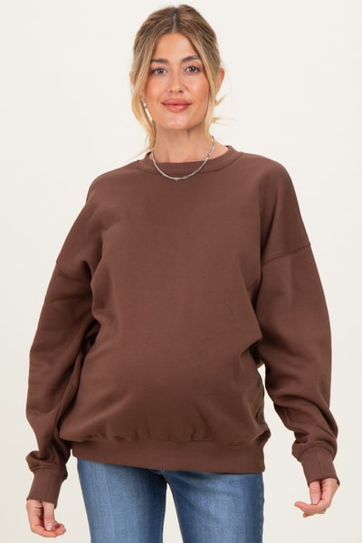 PinkBlush Brown Oversized Maternity Fleece Sweatshirt