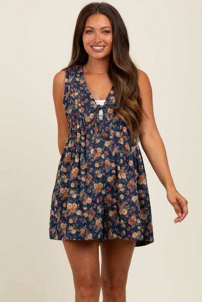 PinkBlush Navy Floral Denim Front Tie Maternity Romper
