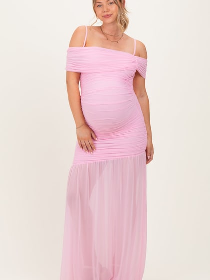 Baby Pink Ruched Mesh Off Shoulder Maternity Maxi Dress