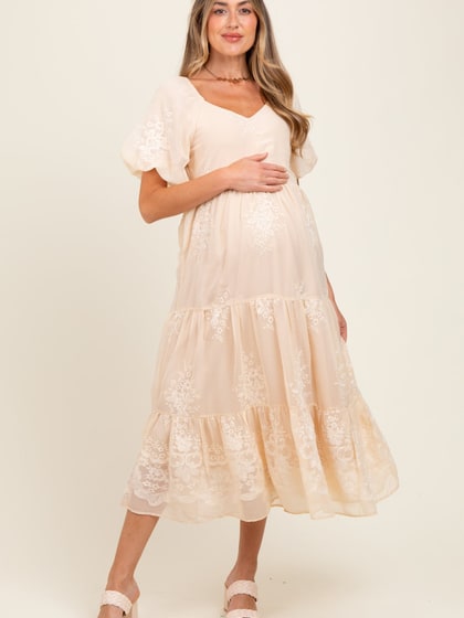 Beige Floral Embroidered Chiffon Maternity Midi Dress