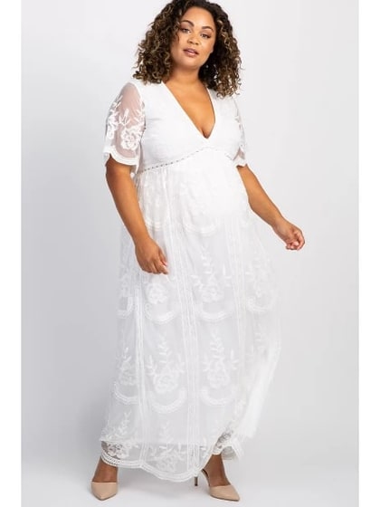 Pinkblush PinkBlush White Lace Mesh Overlay Plus Maternity Maxi Dress 1X